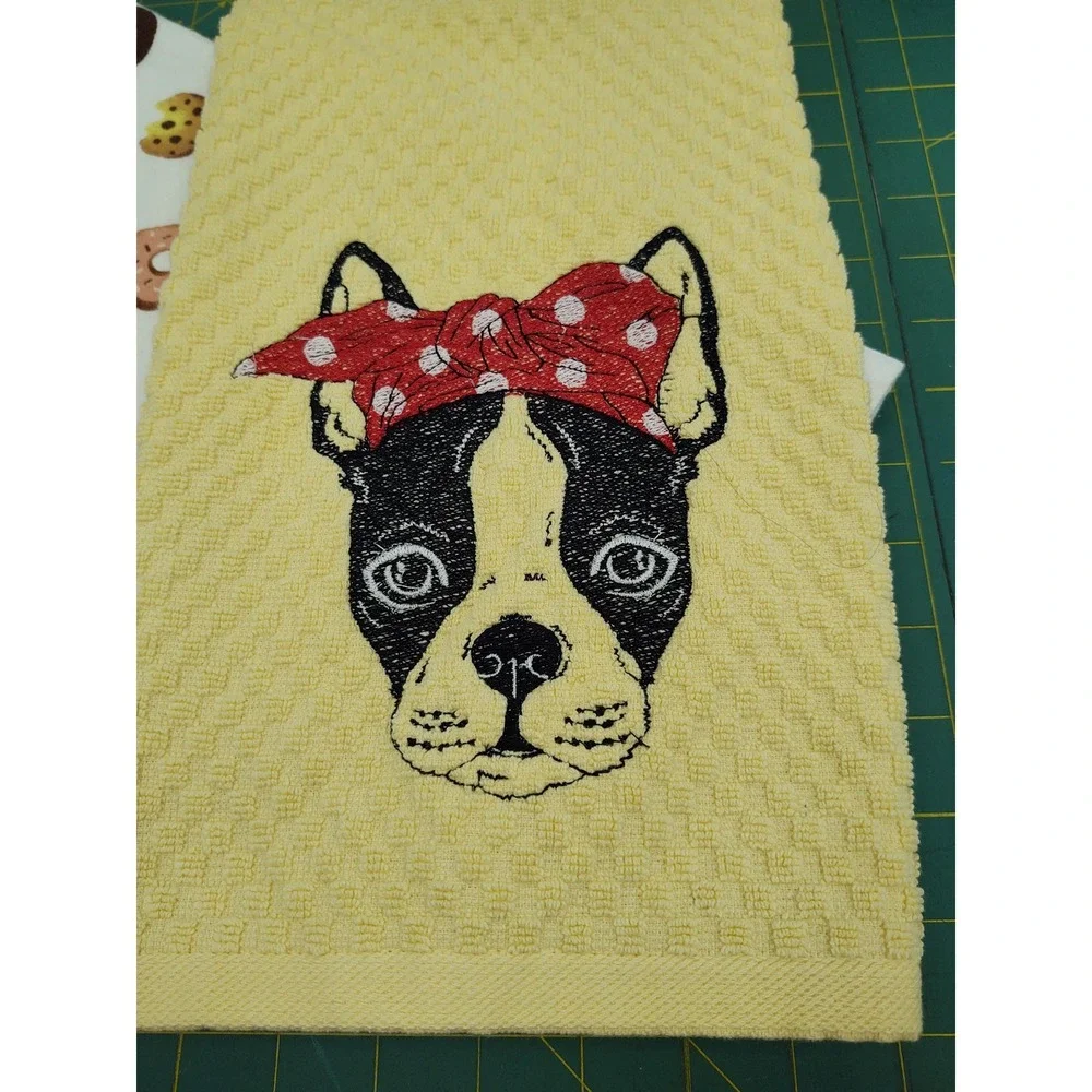 BOSTON TERRIER With Headband Kitchen Bath Hand Bar Towel Set of 2 Hostess Gift!